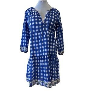 SZ Collection Blue White Gingham Tiered Ruffle Dress Floral Border Size L
